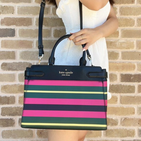 Kate Spade Cameron Staci Satchel Crossbody Wrapping Paper Pink Stripe - Picture 3 of 5